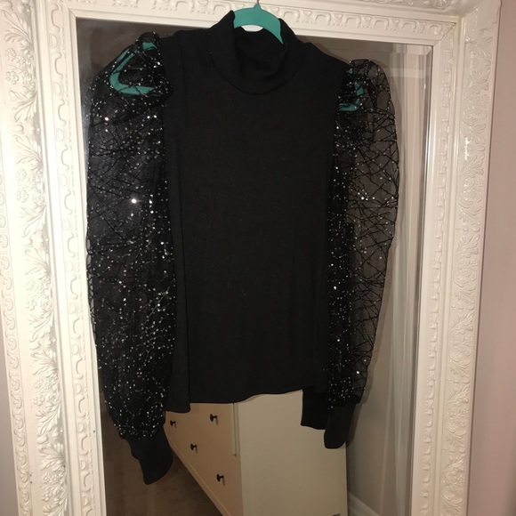 Black Sequin Mesh sleeve Ribbed top - Picture 3 of 3